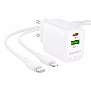 Borofone sienas lādētājs BN27 Fuente - USB + Type C - QC 3.0 PD 20W ar Type C uz Lightning kabeli balts