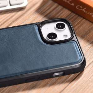 iCarer ādas Oil Wax viedtālruņa apvalks pārklāts ar dabīgu ādu iPhone 14 zila