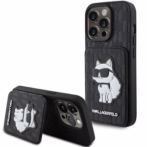 Karl Lagerfeld Saffiano karšu slotiņas un statīvs monogramma Choupette apvalks iPhone 15 Pro - melns