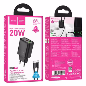 Viedtālruņa lādētājs Hoco USB A + USB C QC3.0 PD 3A 20W + kabelis USB C uz USB C N61 melns