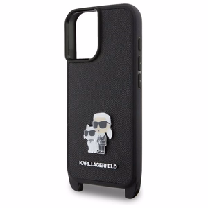Karl Lagerfeld Saffiano Karl&Choupette Metal Pin CBDY siksna iPhone 16 viedtālruņa apvalks – melns
