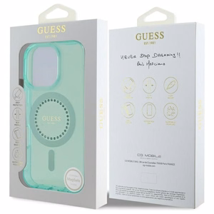 Guess IML Rhinestones Magnētiskais viedtālruņa apvalks iPhone 16 Pro - zaļš