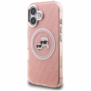 Karl Lagerfeld IML Glitter Karl & Choupette Heads Logo MagSafe maciņš iPhone 16 - rozā