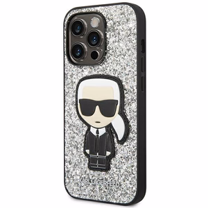 Karl Lagerfeld KLHCP14LGFKPG iPhone 14 Pro 6.1 cietais viedtālruņa apvalks sudraba mirdzošas pārslas Ikonik