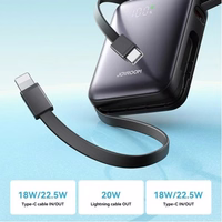 Power Bank Joyroom "JR-PBF27" melns 10000mAh 22.5W (PD / QC3.0) + integrēts Type-C / Lightning kabelis