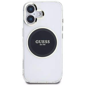 Guess IML Metal Colored Circle Classic Logo Magnētiskais viedtālruņa apvalks iPhone 16 - melns