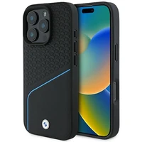 BMW Paraksts Ādas Teksturēts un Līnija Magnētiskais viedtālruņa apvalks iPhone 16 Pro - melns