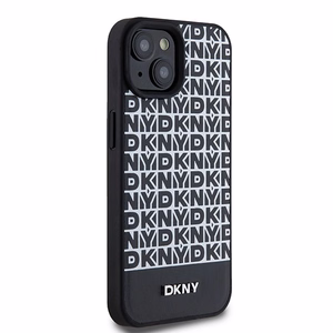 DKNY Ādas drukāts raksts metāla logotips Magnētiskais viedtālruņa apvalks iPhone 15 / 14 / 13 - melna