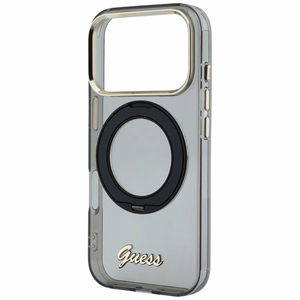 Guess IML Ring Stand 360 Script Metal Logo MagSafe maciņš modelim iPhone 17 Pro / 18 Pro – melns