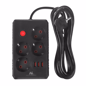 Maclean MCE393 B pagarinātājs ar 4 kontaktligzdām un 3 USB pieslēgvietām, 110–240 V AC, 50/60 Hz, 2,1 A, maks. 2500 W, 3 m, melns