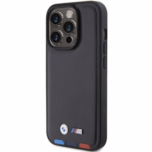 BMW BMHCP15L22PTDK viedtālruņa apvalks iPhone 15 Pro 6.1" melns/melns ādas ar trīskrāsu emblēmu