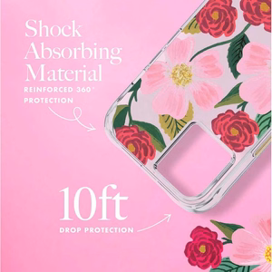 Rifle Paper Clear vāciņš ierīcei iPhone 14 Plus, ar zelta krāsas rotājumu, ar “Rose Garden” rakstu