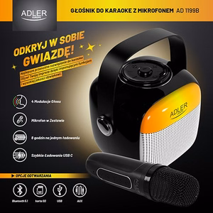 Adler AD 1199 karaoke skaļrunis ar mikrofonu, SD/USB/AUX/Bluetooth, melns