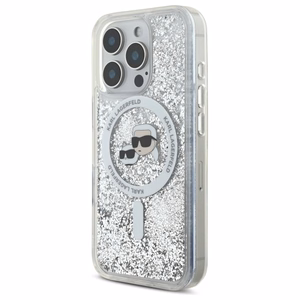 Karl Lagerfeld Liquid Glitter Karl & Choupette Head Magnētiskais viedtālruņa apvalks iPhone 16 Pro Max - caurspīdīgs