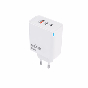 Maxlife MXTC-09-65ACC GaN PD QC lādētājs 2x USB-C 1x USB 65W balts