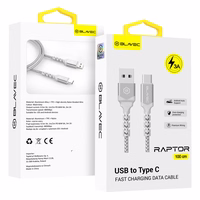 Blavec kabelis Raptor pīts - USB uz Type C - 3A 1 metrs Apple CarPlay/Android Auto (CRA-UC3WS10) balts-sudraba