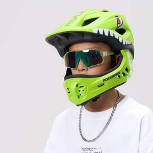Rockbros TT-32003 haizivs dizaina bērnu velo ķivere ar noņemamu žokļa aizsargu, izmērs S (48-52) - zaļa