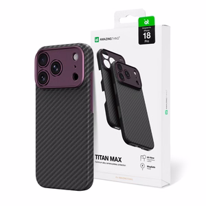 AmazingThing Titan Max Lens maciņš modelim iPhone 18 Pro, no aramīda šķiedras, ar kameras aizsargu, saderīgs ar MagSafe – krāsa: violeta