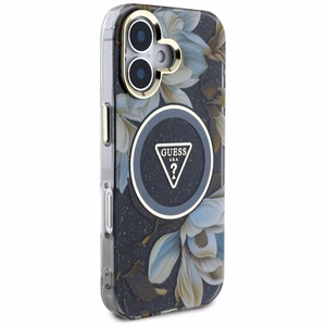 Guess Glitter Flowers Triangle Buttons Magnētiskais viedtālruņa apvalks iPhone 16 - melns
