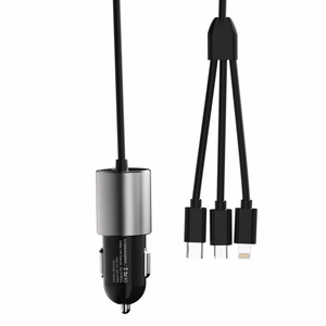 Dudao 3in1 USB automobiļu lādētājs ar iebūvētu kabeli Lightning / USB Type C / micro USB - melns (m)