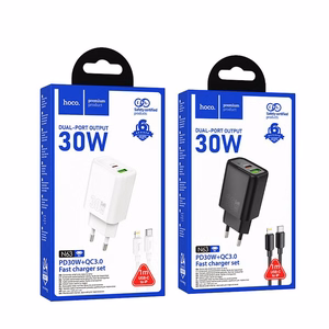 Lādētājs viedtālrunim Hoco USB A + USB C QC3.0 PD 3A 30W + kabelis USB C uz Lightning N63 melns