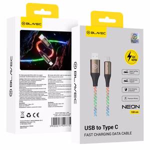 Blavec Neon Cable USB to USB-C QC 3.0 60W 3A 1m Apple CarPlay/Android Auto (CNE-UC3L1) - Luminous RGB
