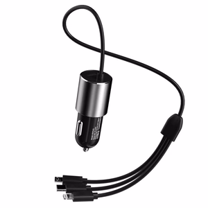 Dudao 3in1 USB automobiļu lādētājs ar iebūvētu kabeli Lightning / USB Type C / micro USB - melns (m)