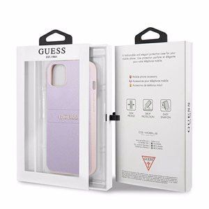 Guess GUHCP13SPSASBPU iPhone 13 mini 5.4 viedtālruņa apvalks, violets, Saffiano ar reljefu un metāla logotipu
