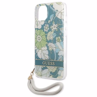 Guess GUHCP13SHFLSN iPhone 13 mini 5.4" zaļš cietais viedtālruņa apvalks ar ziedu siksniņu