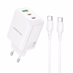 Borofone sienas lādētājs BN32 Cargador GaN - USB + 2xType C - QC 3.0 PD 65W ar Type C uz Type C balts