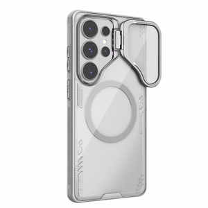Nillkin Iceblade Prop magnētiskais MagSafe maciņš ar kameras vāciņu un statīvu priekš Samsung Galaxy S26 Ultra caurspīdīgi pelēks