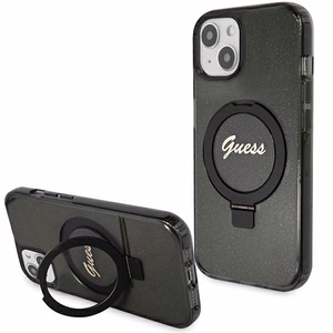 Guess viedtālruņa apvalks ar statīvu Ring Stand Script Glitter magnētiskais iPhone 15 Plus / 14 Plus - melns