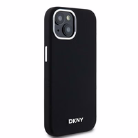 DKNY apvalks no šķidrā silikona MagSafe viedtālrunim iPhone 15 Plus / 14 Plus ar metāla logotipu - melns (m)