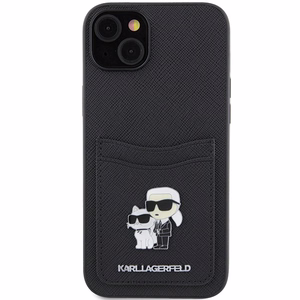 Karl Lagerfeld Saffiano Cardslots Karl&Choupette Metal Pin Viedtālruņa apvalks iPhone 15 - melns