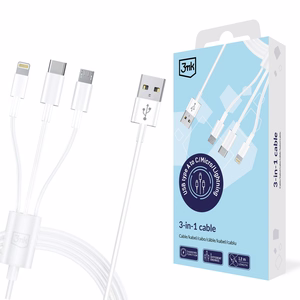 3mk 3-in-1 kabelis USB-A - microUSB / Lightning / USB-C 1.2m 20V/2.4A 15W, balts