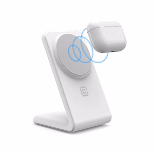 Crong MagSpot Stand 2 vienā bezvadu lādētājs iPhone un AirPods ierīcēm, saderīgs ar MagSafe, balts