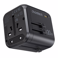 Ceļojumu lādētājs Choetech PD5008, 3xUSB-A, 2xUSB-C, GaN, 35W, US/EU/UK/AU (melns)
