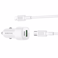 Borofone Auto lādētājs BZ34B Cloud - USB + C tipa - QC 3.0 PD 38W ar C tipa Lightning kabeli, balts