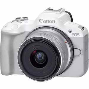 Canon EOS R50 WH + RF-S 18-45mm F4.5-6.3 IS STM (SIP), 24,2 МП, стабилизатор изображения, светочувствительность ISO (макс.) 32000, диагональ экрана 2,95 ", Wi-Fi, видеозапись, автоматический/ручной режим, CMOS, белый