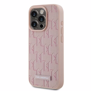 Karl Lagerfeld ādas monogrammas metāla logotips viedtālruņa apvalks iPhone 15 Pro Max - rozā
