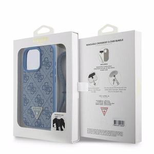 Guess Ādas Metāla Logotipa Strass Crossbody apvalks iPhone 16 Pro - zilais