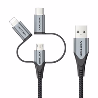 Vention USB 2.0 A Male to 3-in-1 Micro-B&USB-C&Lightning Male Cable 1M pelēks Aluminum Alloy Type