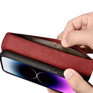 iCarer Maki apvalks 2in1 vāks iPhone 14 Pro Max ādas atverams vāks Anti-RFID sarkans (WMI14220728-RD)