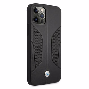 BMW ādas apvalks ar perforētām malām iPhone 12 Pro Max - melns