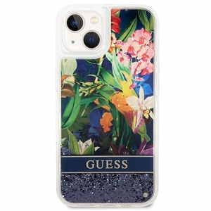 Guess GUHCP14SLFLSB iPhone 14 6.1 "zils cietais apvalks Flower Liquid Glitter