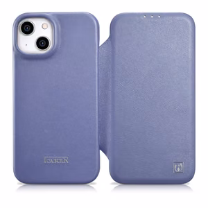 iCarer CE Premium ādas folio viedtālruņa apvalks iPhone 14 Plus magnētiskais atveramais ādas folio apvalks MagSafe gaiši violeta