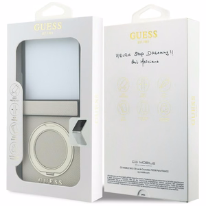 Bēšs Guess Magnetic Ring Stand Grained Classic Logo MagSafe vāciņš Samsung Galaxy Z Flip8