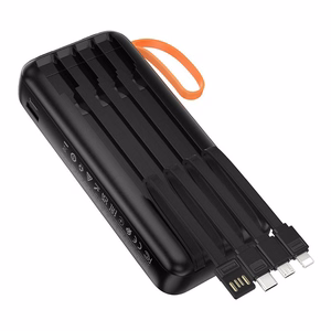 Portatīvais lādētājs Hoco 20000 mAh 2A ar iebūvētiem kabeļiem USB A + USB C + Lightning + Micro USB un dubultu gaismu J151A melns