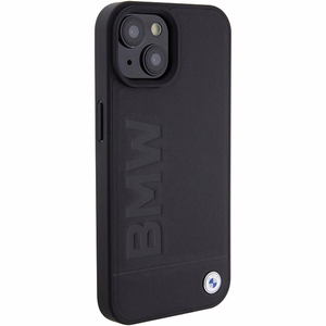 BMW Magnētiskais Ādas Hot Stamp viedtālruņa apvalks iPhone 15 Plus - melns