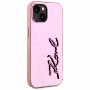 Karl Lagerfeld Wrinkled Metal Signature viedtālruņa apvalks iPhone 15 - rozā